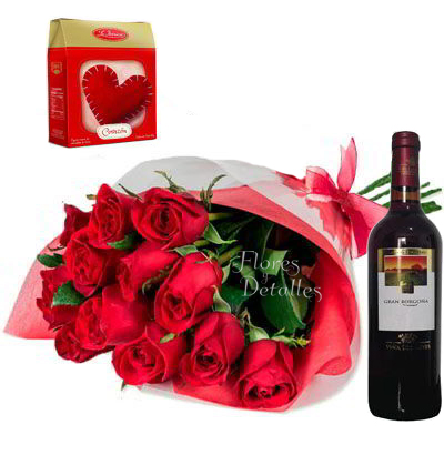 Ramo 12 rosas y Vino