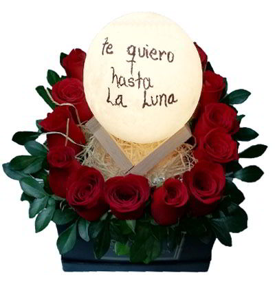 A18  Box con 14 rosas y Luna 3D